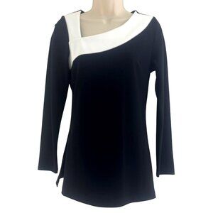 Boston Proper Beyond Travel Black Ivory Asymmetric Neckline Top Shirt Size XS